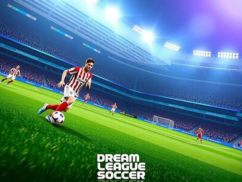 Dream League Soccer 2020 gameplay action shot showing a player dribbling past defenders
