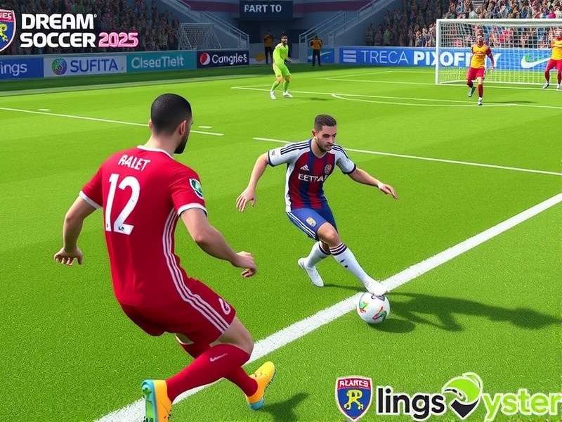 Dream League Soccer 2025 Online gameplay featuring modern stadium and player action