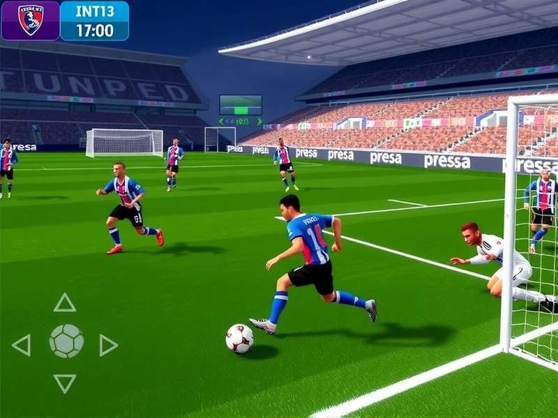 Dream League Soccer 2019 gameplay action shot featuring a player dribbling past defenders in a stadium